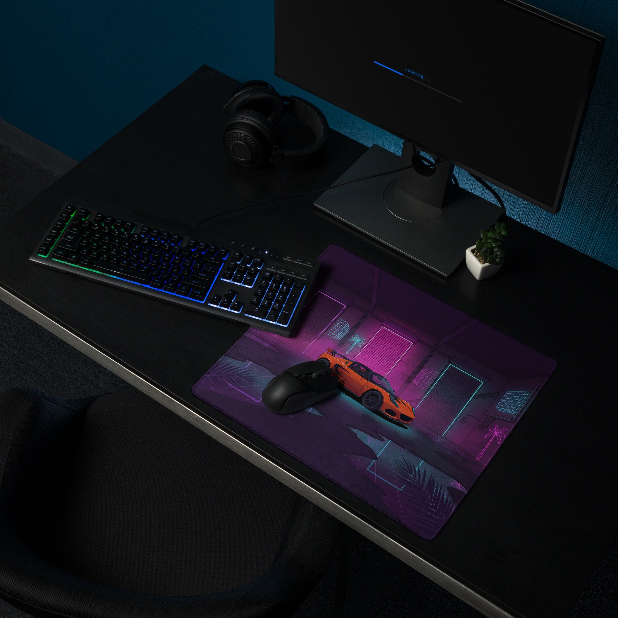Lotus Elise Inspired Orange Purple Vaporwave Gaming Mouse Pad, Neon Retro Sports Car Desk Mat with Cyberpunk Garage Artwork