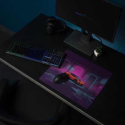Lotus Elise Inspired Orange Purple Vaporwave Gaming Mouse Pad, Neon Retro Sports Car Desk Mat with Cyberpunk Garage Artwork