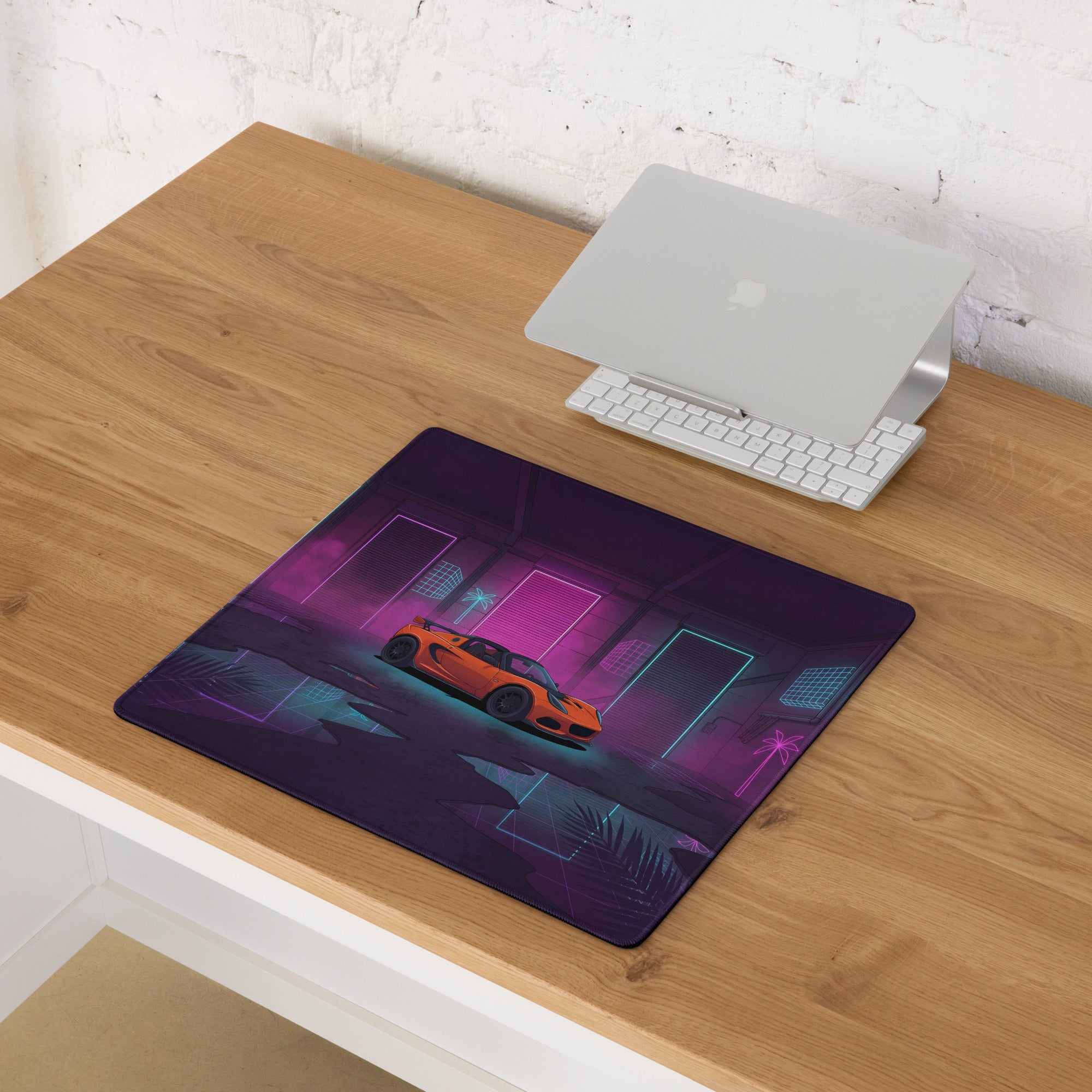 Lotus Elise Inspired Orange Purple Vaporwave Gaming Mouse Pad, Neon Retro Sports Car Desk Mat with Cyberpunk Garage Artwork