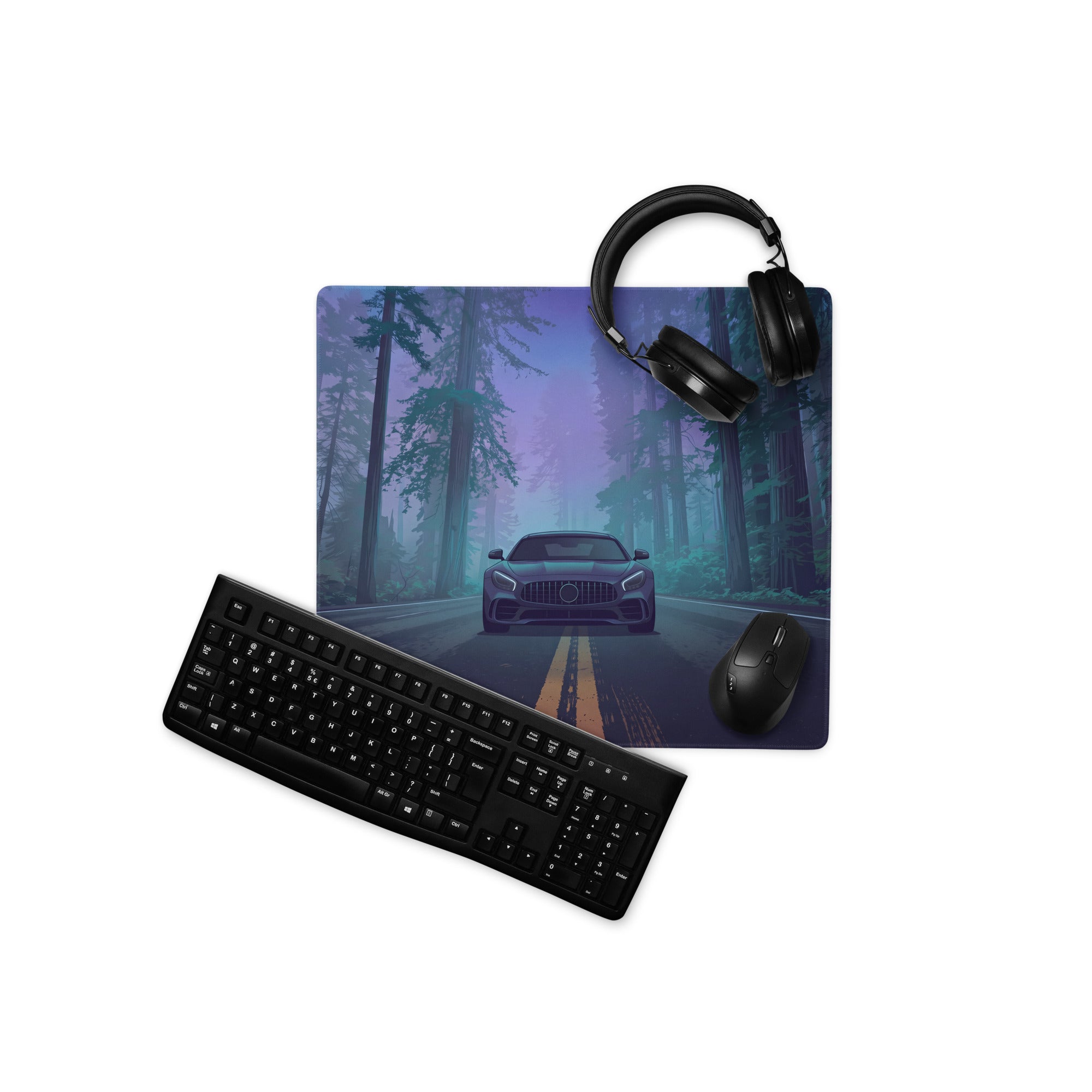 Mercedes-AMG GT Inspired Black Blue Vaporwave Gaming Mouse Pad, Moody Sports Car Desk Mat with Neon Forest Road Artwork and Cyberpunk Style