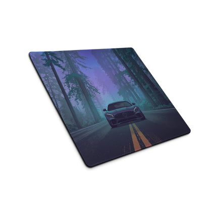Mercedes-AMG GT Inspired Black Blue Vaporwave Gaming Mouse Pad, Moody Sports Car Desk Mat with Neon Forest Road Artwork and Cyberpunk Style