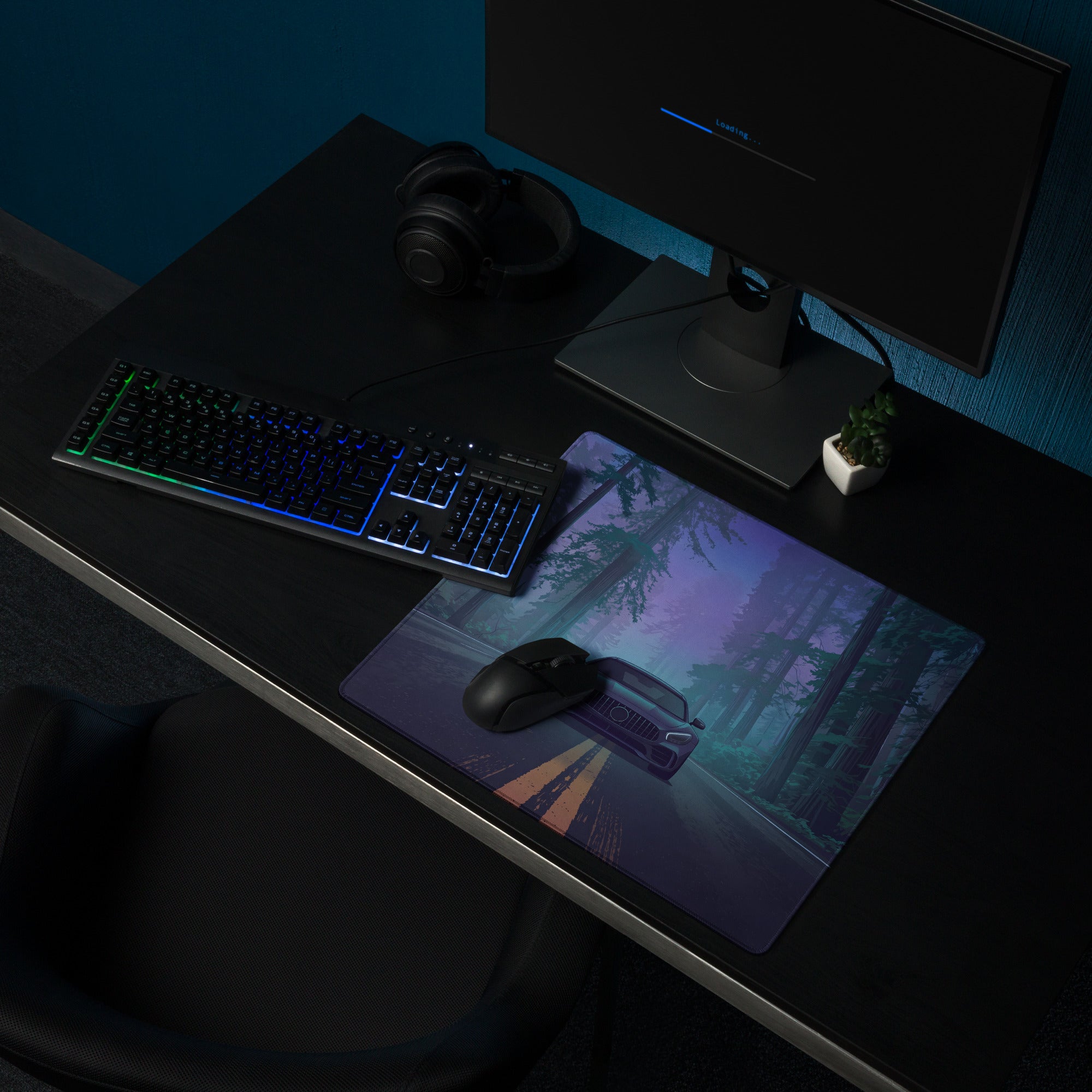 Mercedes-AMG GT Inspired Black Blue Vaporwave Gaming Mouse Pad, Moody Sports Car Desk Mat with Neon Forest Road Artwork and Cyberpunk Style