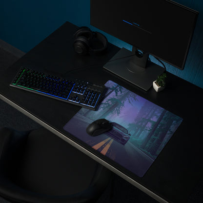 Mercedes-AMG GT Inspired Black Blue Vaporwave Gaming Mouse Pad, Moody Sports Car Desk Mat with Neon Forest Road Artwork and Cyberpunk Style