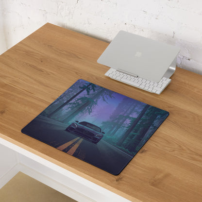 Mercedes-AMG GT Inspired Black Blue Vaporwave Gaming Mouse Pad, Moody Sports Car Desk Mat with Neon Forest Road Artwork and Cyberpunk Style