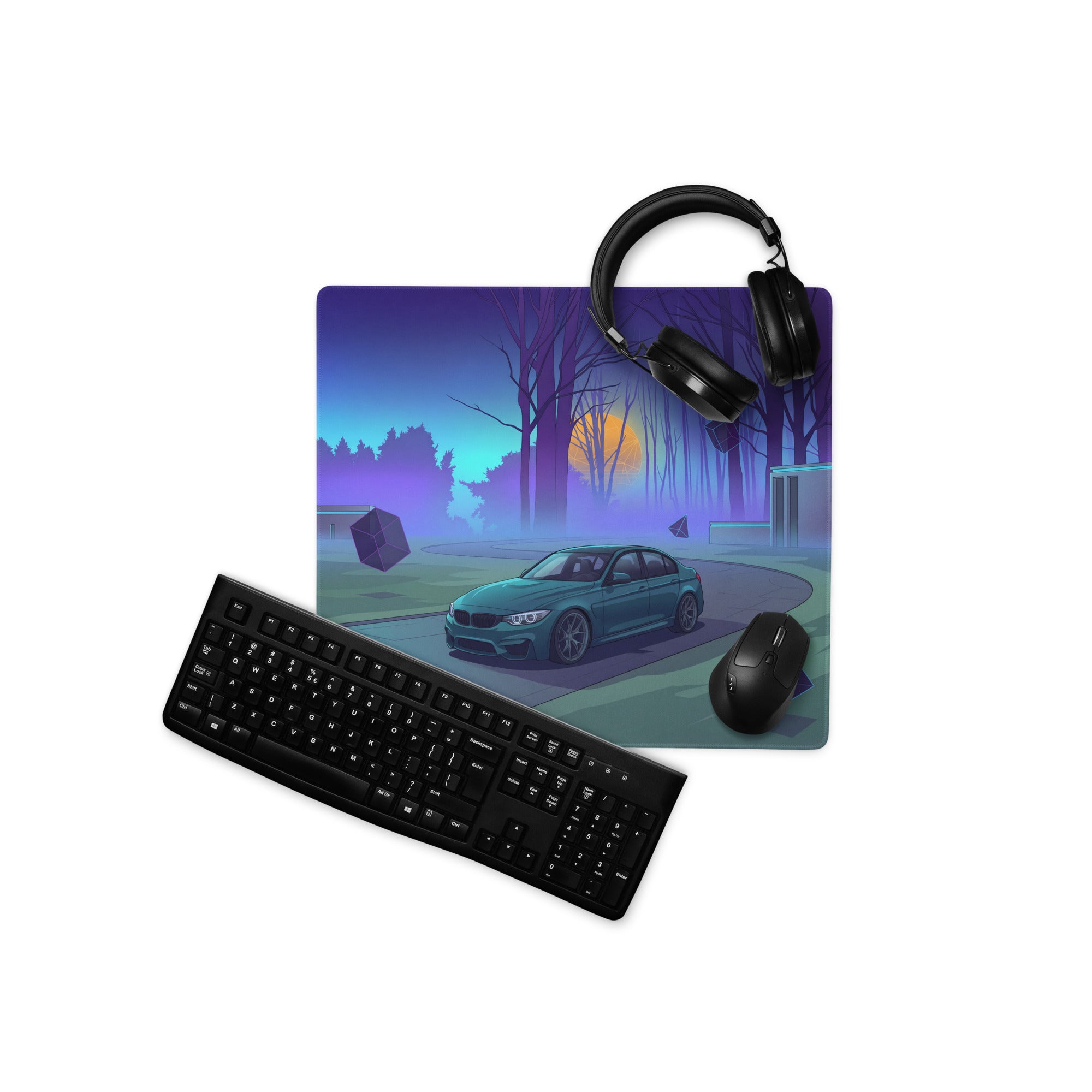 BMW M3 F80 Inspired Teal Blue Vaporwave Gaming Mouse Pad, Retro Futuristic Sports Sedan Desk Mat with Neon Forest Sunset Artwork