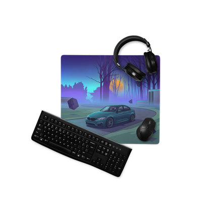 BMW M3 F80 Inspired Teal Blue Vaporwave Gaming Mouse Pad, Retro Futuristic Sports Sedan Desk Mat with Neon Forest Sunset Artwork