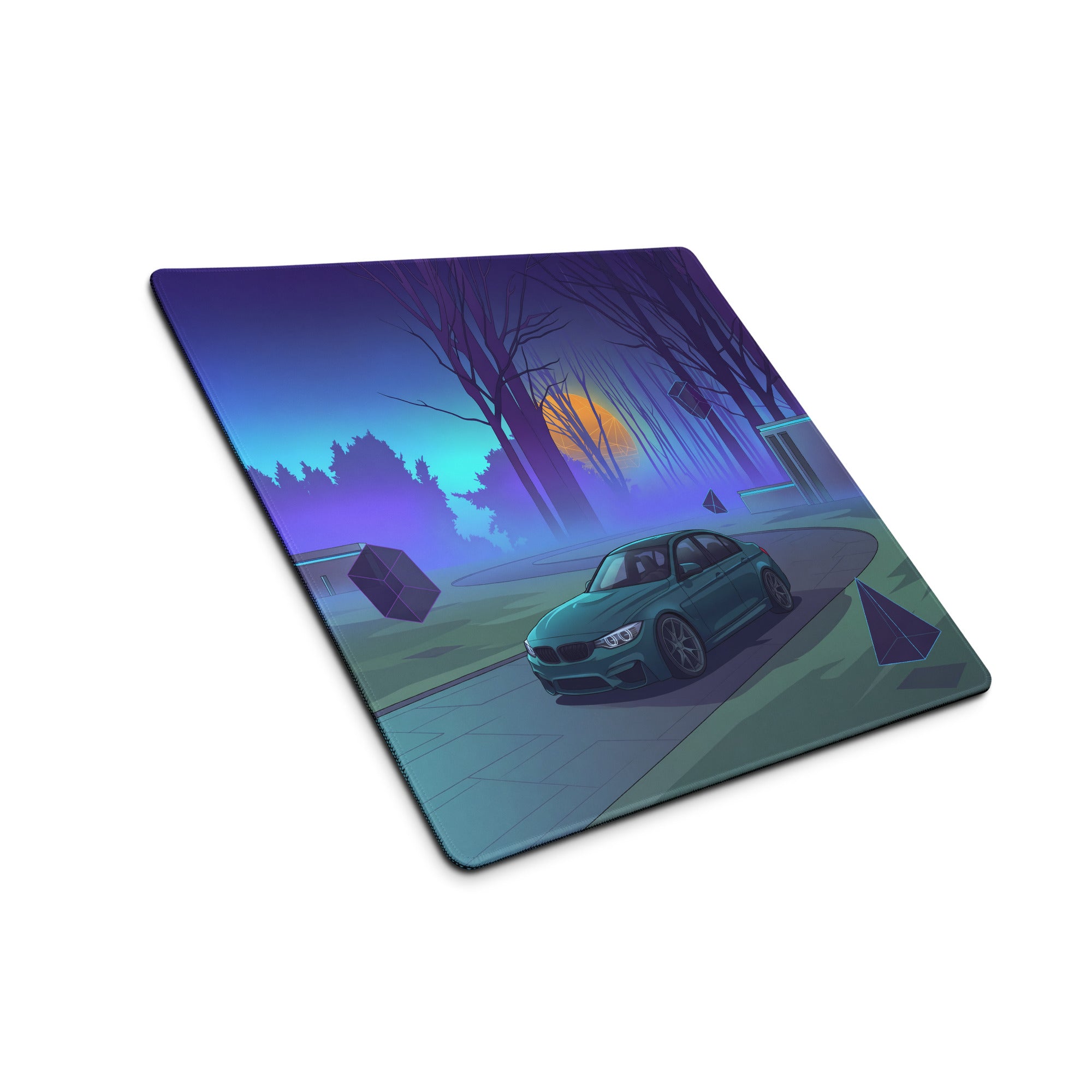 BMW M3 F80 Inspired Teal Blue Vaporwave Gaming Mouse Pad, Retro Futuristic Sports Sedan Desk Mat with Neon Forest Sunset Artwork