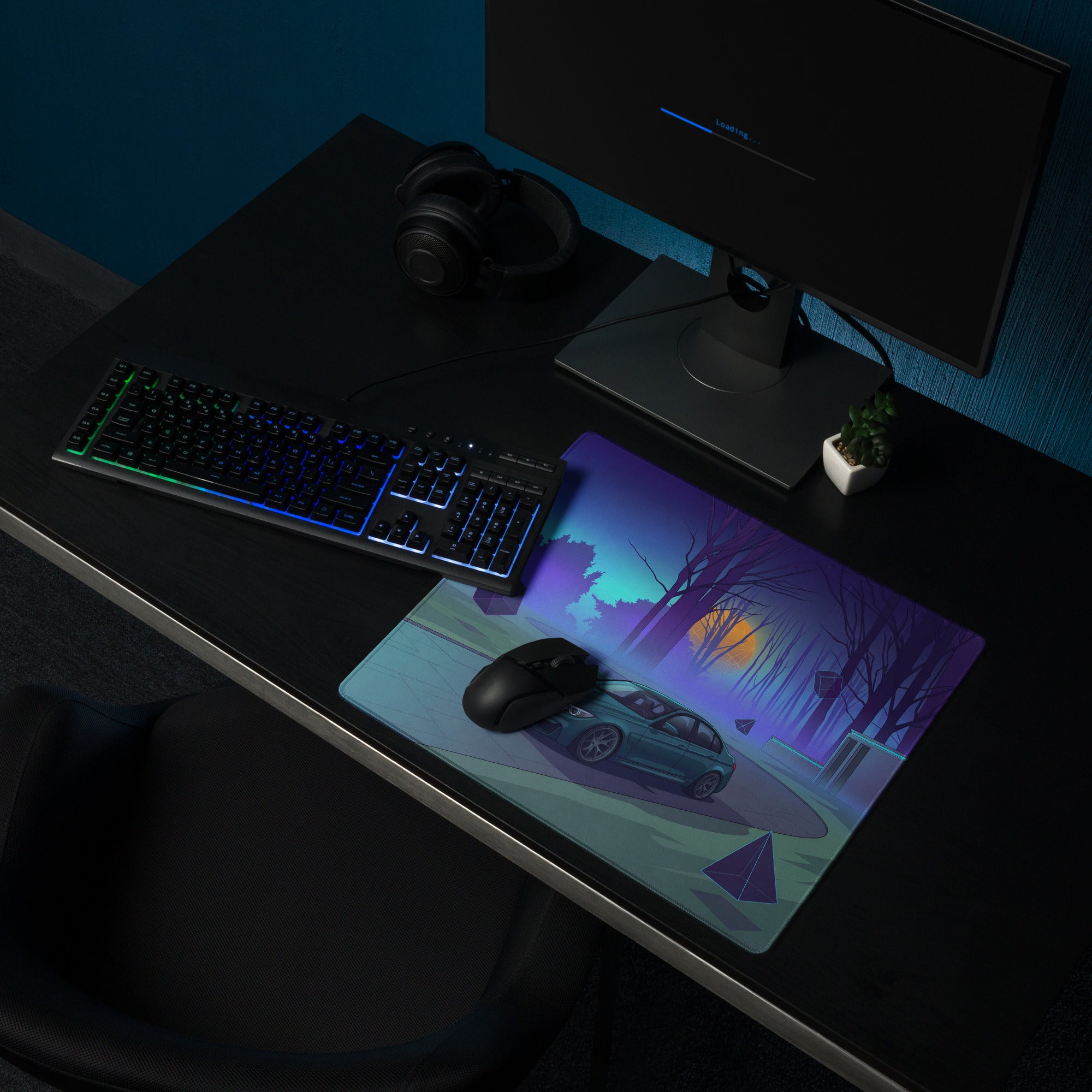 BMW M3 F80 Inspired Teal Blue Vaporwave Gaming Mouse Pad, Retro Futuristic Sports Sedan Desk Mat with Neon Forest Sunset Artwork