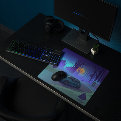 BMW M3 F80 Inspired Teal Blue Vaporwave Gaming Mouse Pad, Retro Futuristic Sports Sedan Desk Mat with Neon Forest Sunset Artwork