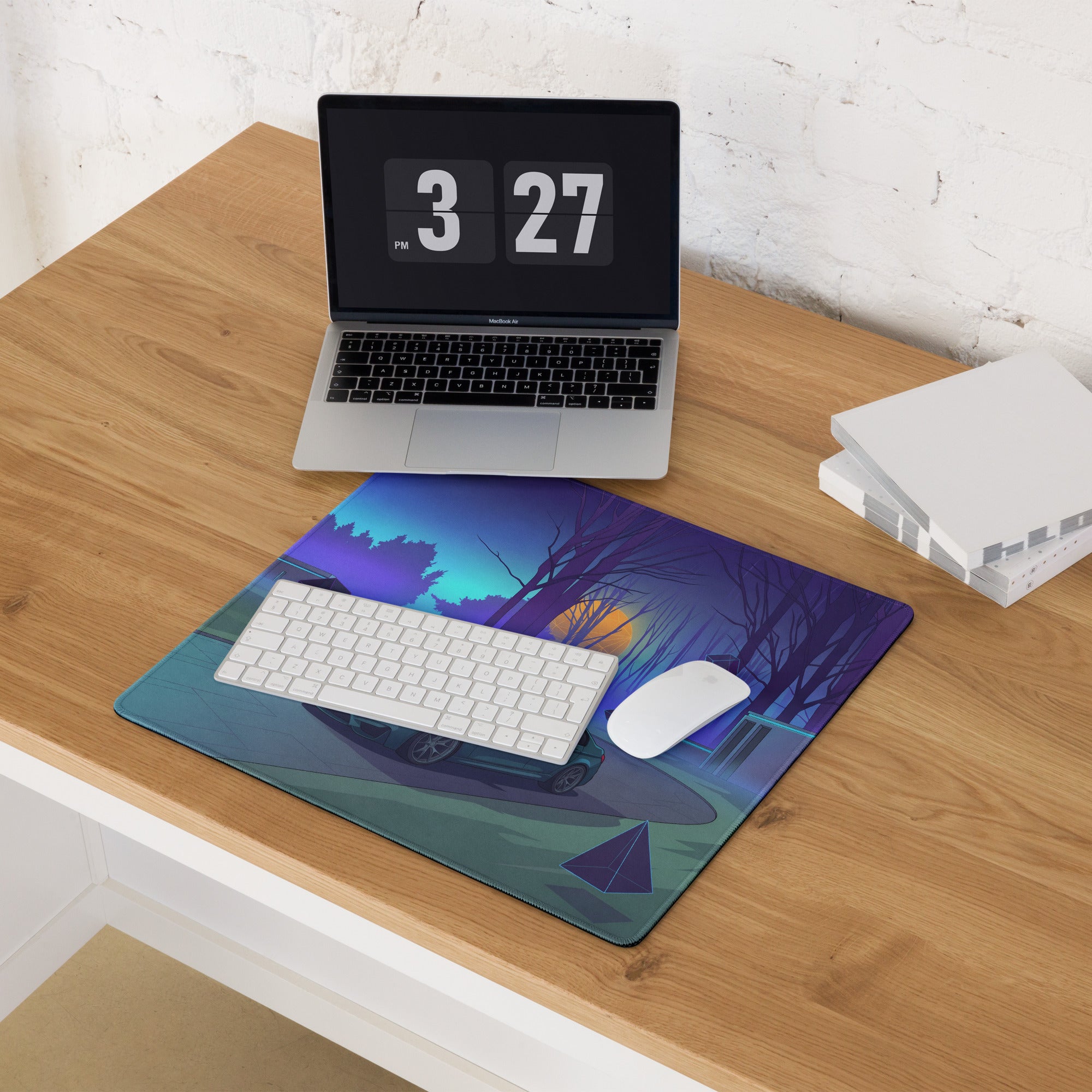 BMW M3 F80 Inspired Teal Blue Vaporwave Gaming Mouse Pad, Retro Futuristic Sports Sedan Desk Mat with Neon Forest Sunset Artwork