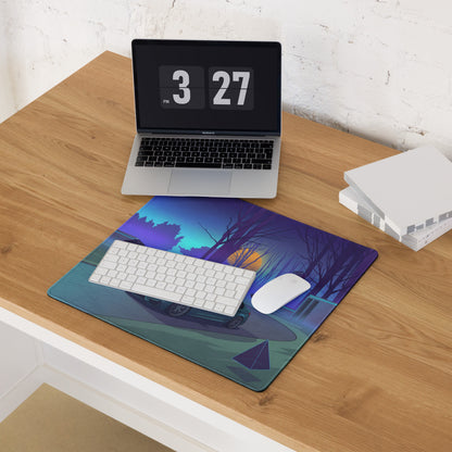 BMW M3 F80 Inspired Teal Blue Vaporwave Gaming Mouse Pad, Retro Futuristic Sports Sedan Desk Mat with Neon Forest Sunset Artwork