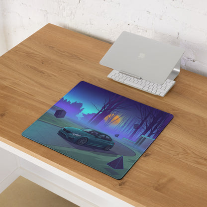 BMW M3 F80 Inspired Teal Blue Vaporwave Gaming Mouse Pad, Retro Futuristic Sports Sedan Desk Mat with Neon Forest Sunset Artwork