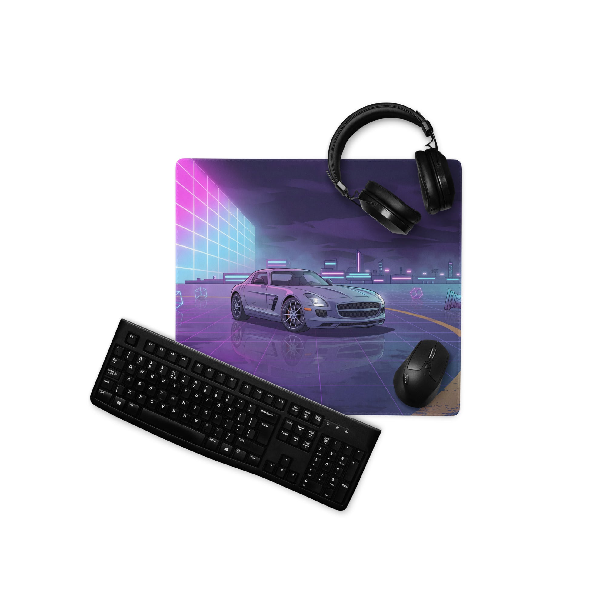 Mercedes-Benz SLS AMG Inspired Silver Purple Vaporwave Gaming Mouse Pad, Neon Supercar Desk Mat with Retro Futuristic Cyberpunk City Artwork