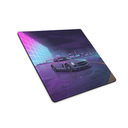 Mercedes-Benz SLS AMG Inspired Silver Purple Vaporwave Gaming Mouse Pad, Neon Supercar Desk Mat with Retro Futuristic Cyberpunk City Artwork
