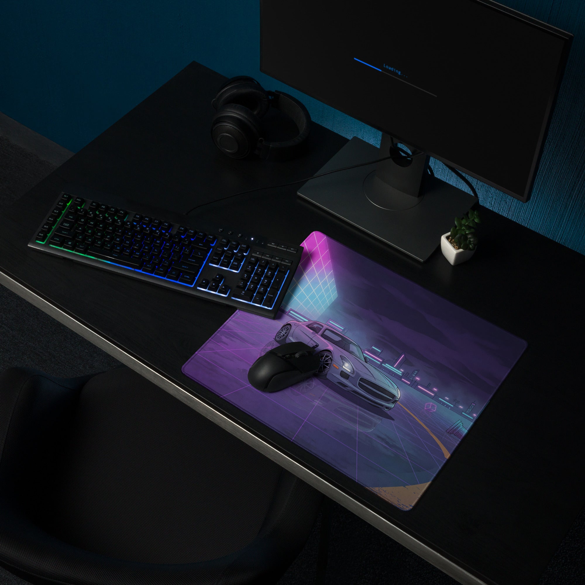 Mercedes-Benz SLS AMG Inspired Silver Purple Vaporwave Gaming Mouse Pad, Neon Supercar Desk Mat with Retro Futuristic Cyberpunk City Artwork