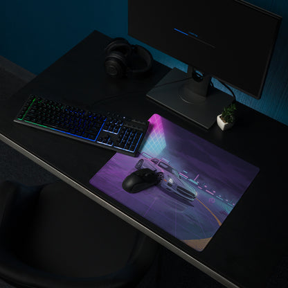 Mercedes-Benz SLS AMG Inspired Silver Purple Vaporwave Gaming Mouse Pad, Neon Supercar Desk Mat with Retro Futuristic Cyberpunk City Artwork