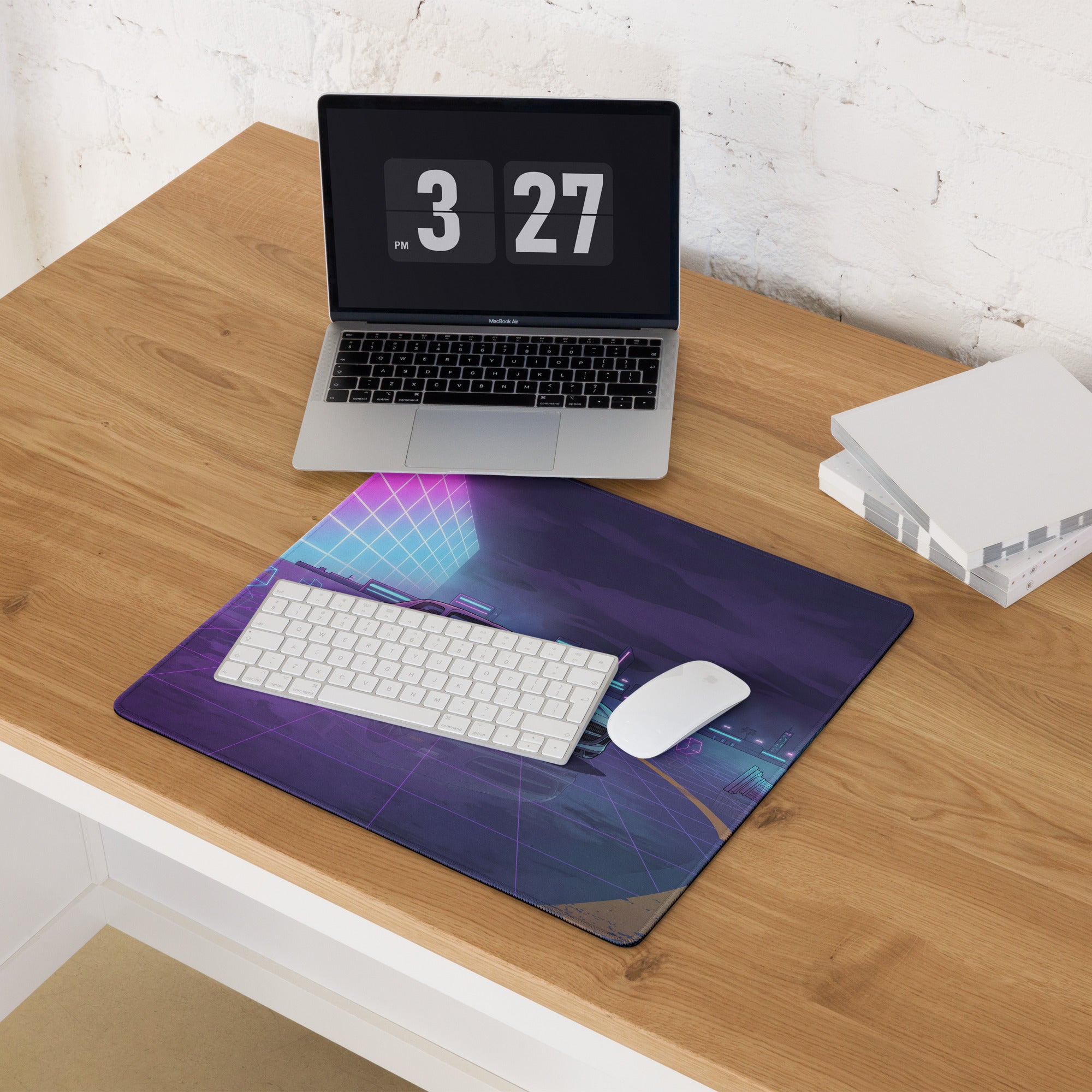 Mercedes-Benz SLS AMG Inspired Silver Purple Vaporwave Gaming Mouse Pad, Neon Supercar Desk Mat with Retro Futuristic Cyberpunk City Artwork