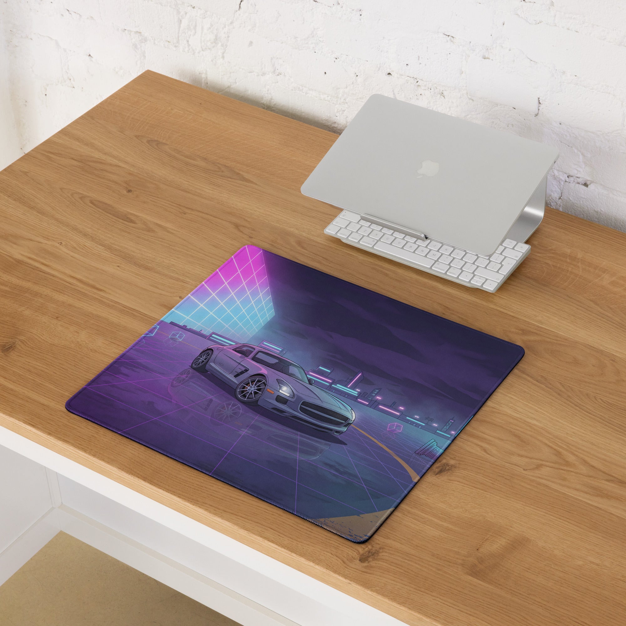 Mercedes-Benz SLS AMG Inspired Silver Purple Vaporwave Gaming Mouse Pad, Neon Supercar Desk Mat with Retro Futuristic Cyberpunk City Artwork