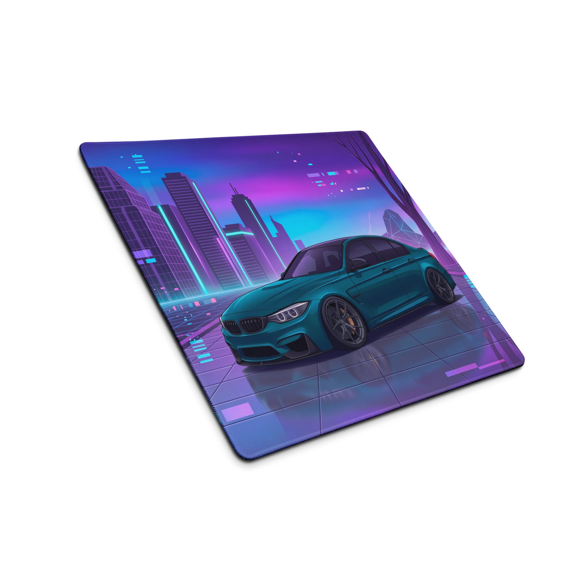 BMW M3 F80 Inspired Teal Purple Vaporwave Gaming Mouse Pad, Neon Sports Sedan Desk Mat with Futuristic Cyberpunk City Artwork
