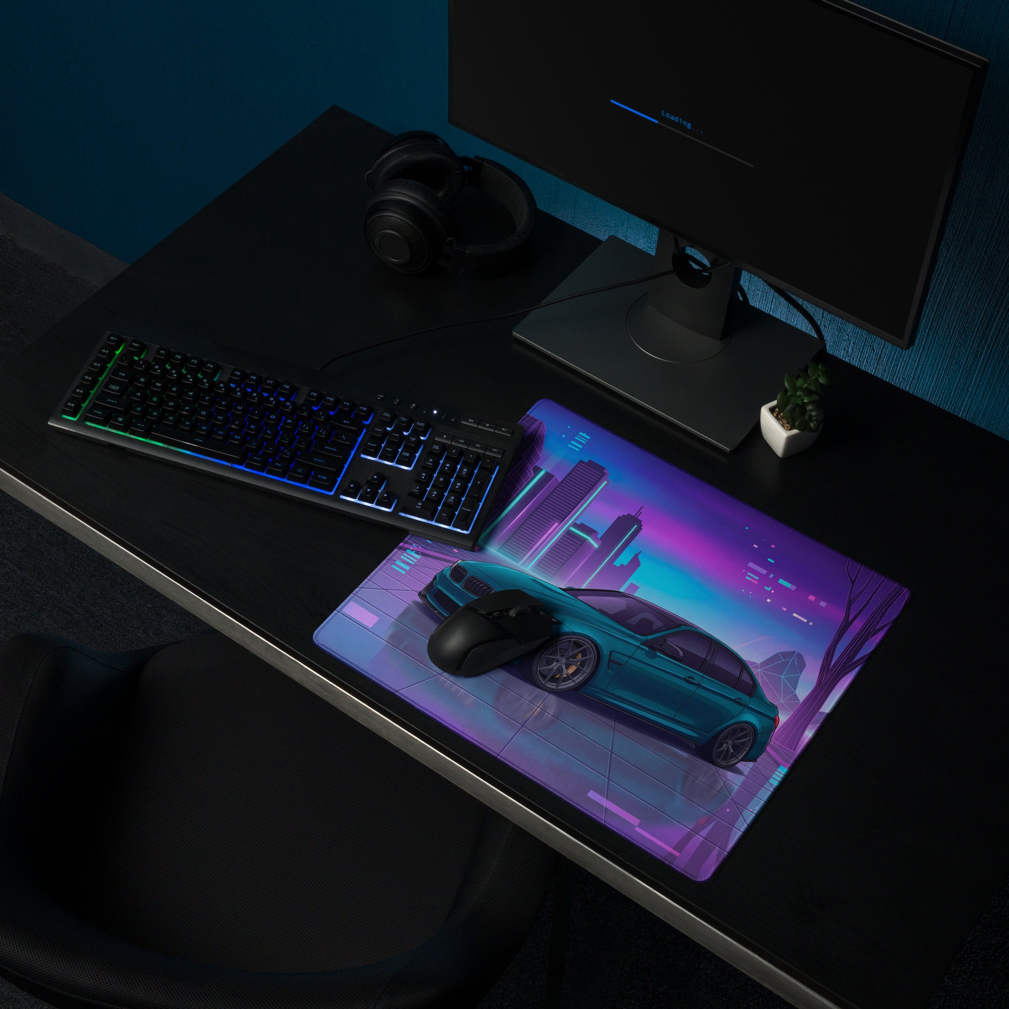 BMW M3 F80 Inspired Teal Purple Vaporwave Gaming Mouse Pad, Neon Sports Sedan Desk Mat with Futuristic Cyberpunk City Artwork