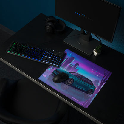 BMW M3 F80 Inspired Teal Purple Vaporwave Gaming Mouse Pad, Neon Sports Sedan Desk Mat with Futuristic Cyberpunk City Artwork