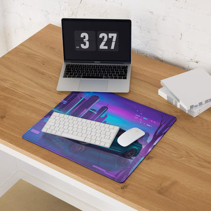 BMW M3 F80 Inspired Teal Purple Vaporwave Gaming Mouse Pad, Neon Sports Sedan Desk Mat with Futuristic Cyberpunk City Artwork