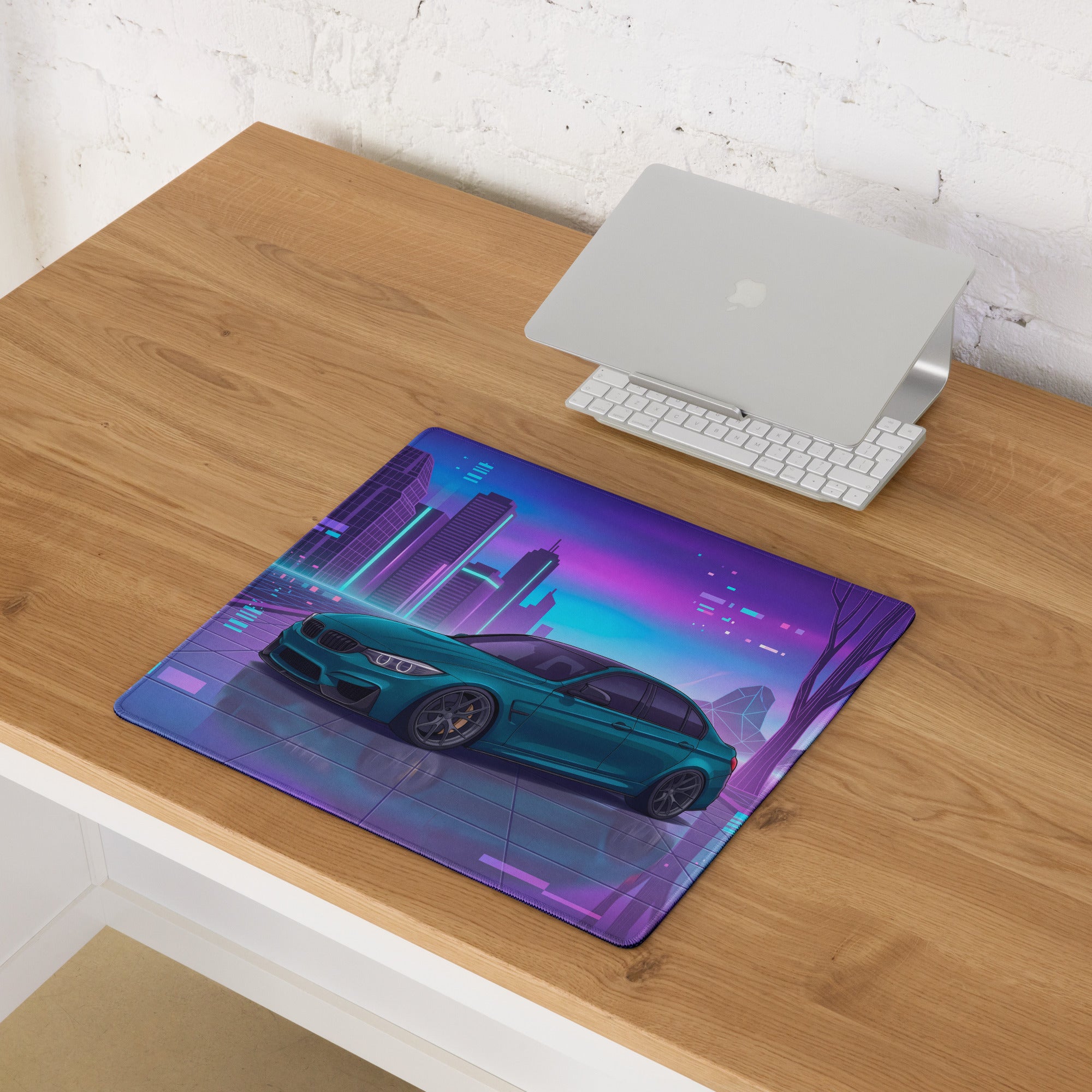 BMW M3 F80 Inspired Teal Purple Vaporwave Gaming Mouse Pad, Neon Sports Sedan Desk Mat with Futuristic Cyberpunk City Artwork