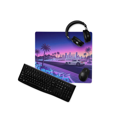 Mercedes-Benz SLS AMG Inspired Silver Purple Vaporwave Gaming Mouse Pad, Neon Supercar Desk Mat with Retro Futuristic Palm Tree Sunset Artwork