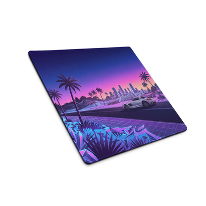 Mercedes-Benz SLS AMG Inspired Silver Purple Vaporwave Gaming Mouse Pad, Neon Supercar Desk Mat with Retro Futuristic Palm Tree Sunset Artwork