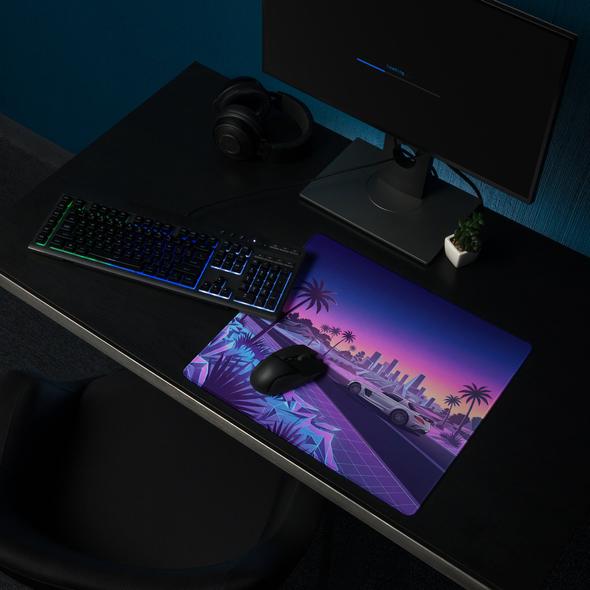 Mercedes-Benz SLS AMG Inspired Silver Purple Vaporwave Gaming Mouse Pad, Neon Supercar Desk Mat with Retro Futuristic Palm Tree Sunset Artwork