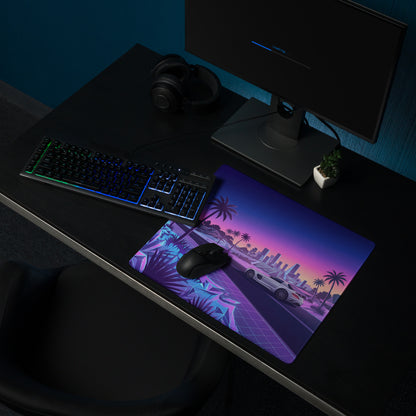 Mercedes-Benz SLS AMG Inspired Silver Purple Vaporwave Gaming Mouse Pad, Neon Supercar Desk Mat with Retro Futuristic Palm Tree Sunset Artwork