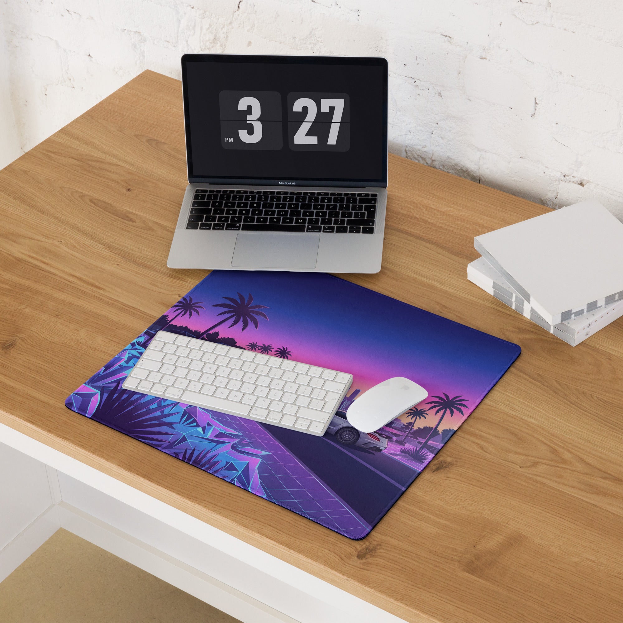 Mercedes-Benz SLS AMG Inspired Silver Purple Vaporwave Gaming Mouse Pad, Neon Supercar Desk Mat with Retro Futuristic Palm Tree Sunset Artwork