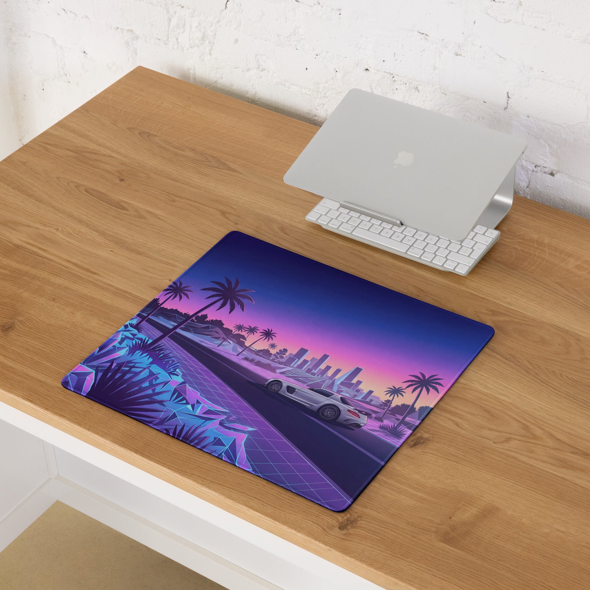 Mercedes-Benz SLS AMG Inspired Silver Purple Vaporwave Gaming Mouse Pad, Neon Supercar Desk Mat with Retro Futuristic Palm Tree Sunset Artwork