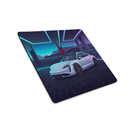 Porsche Taycan Turbo S Inspired White Blue Vaporwave Gaming Mouse Pad, Neon Electric Sports Car Desk Mat with Futuristic Mountain Garage Artwork