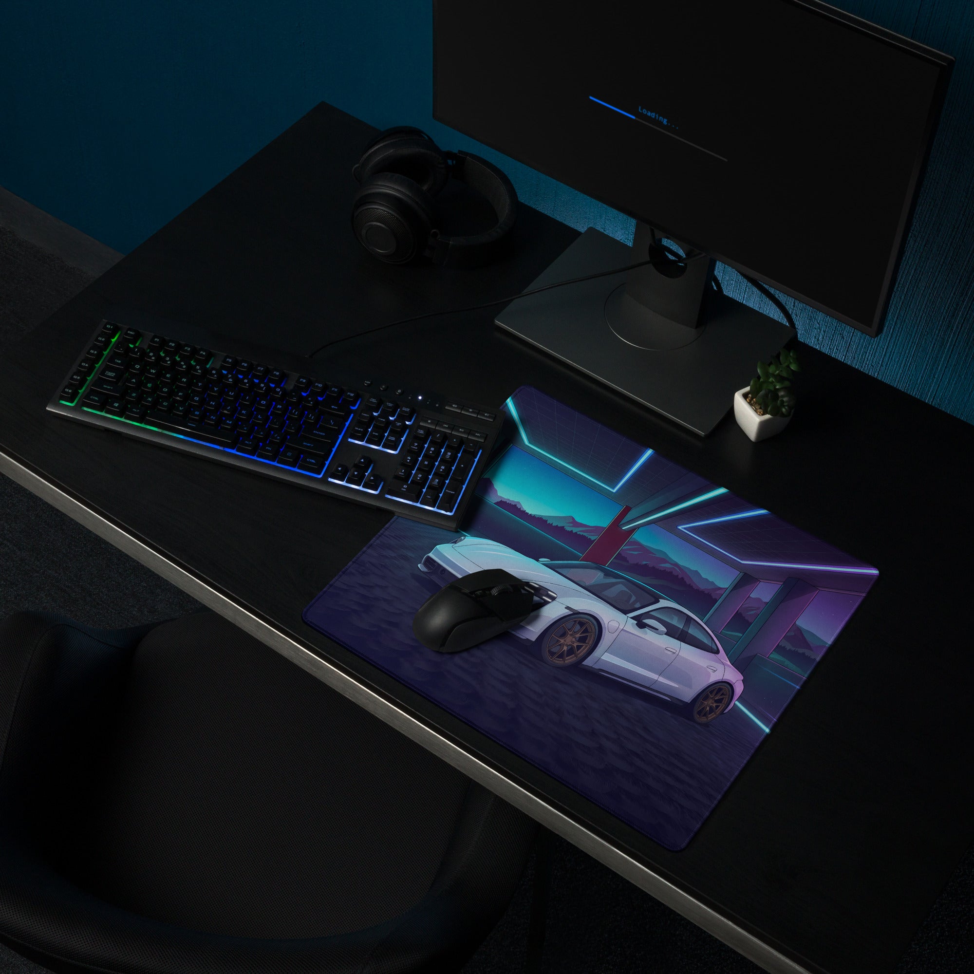 Porsche Taycan Turbo S Inspired White Blue Vaporwave Gaming Mouse Pad, Neon Electric Sports Car Desk Mat with Futuristic Mountain Garage Artwork
