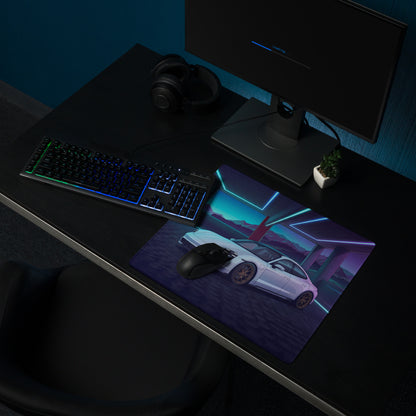 Porsche Taycan Turbo S Inspired White Blue Vaporwave Gaming Mouse Pad, Neon Electric Sports Car Desk Mat with Futuristic Mountain Garage Artwork