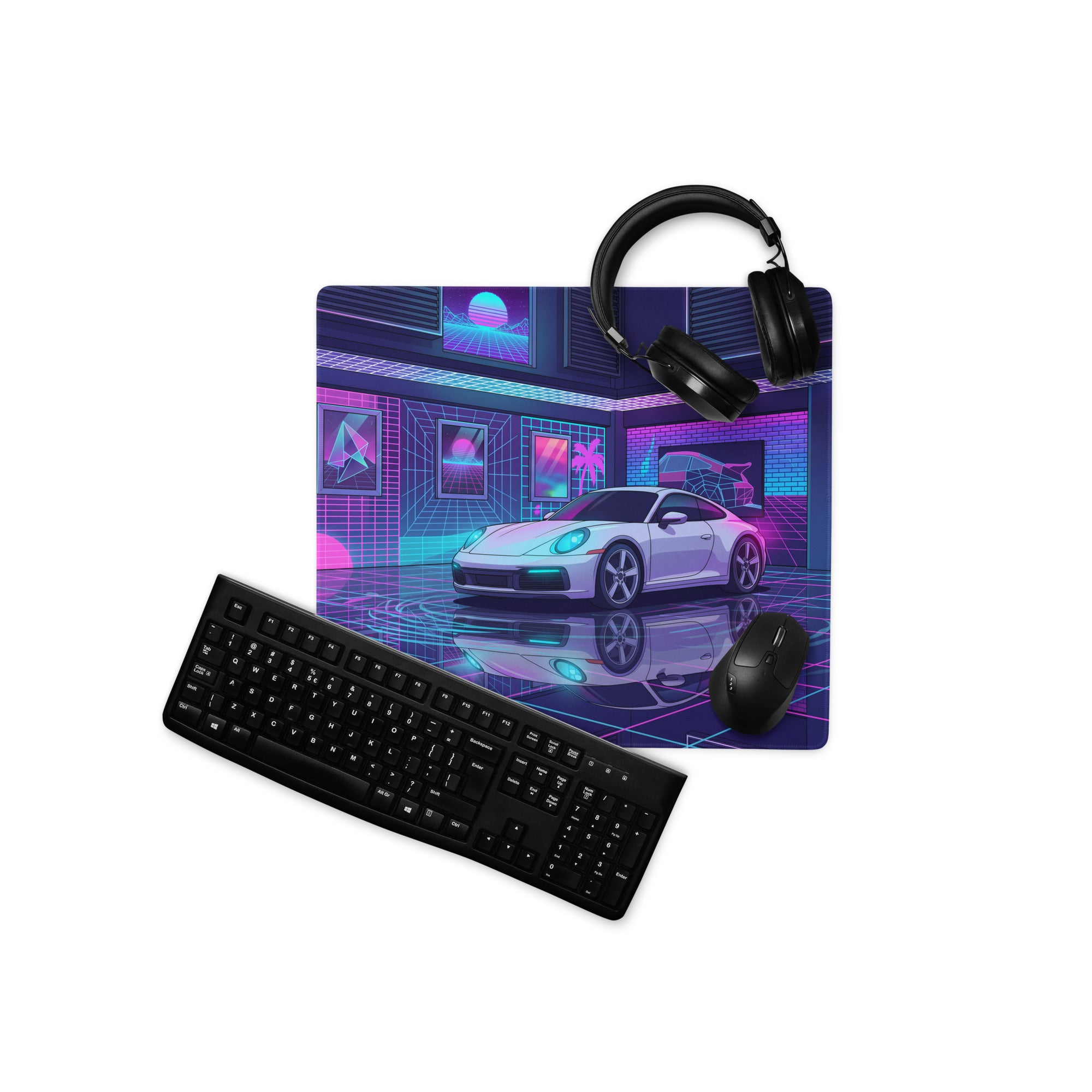 Porsche 911 Carrera Inspired White Pink Vaporwave Gaming Mouse Pad, Neon Sports Car Desk Mat with Retro Futuristic Cyberpunk Garage Artwork