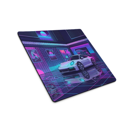 Porsche 911 Carrera Inspired White Pink Vaporwave Gaming Mouse Pad, Neon Sports Car Desk Mat with Retro Futuristic Cyberpunk Garage Artwork