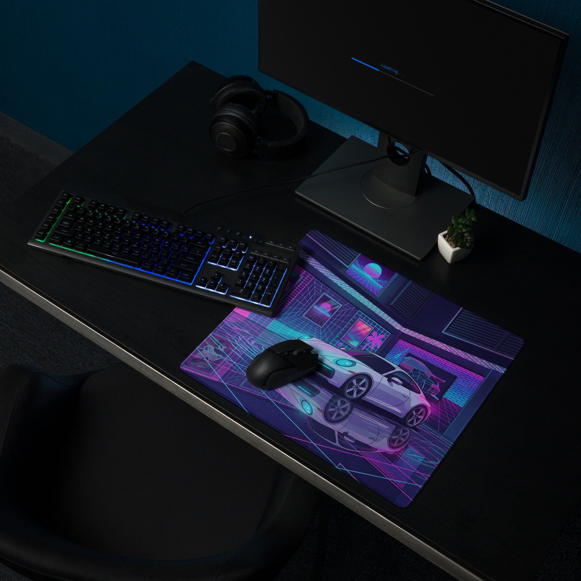 Porsche 911 Carrera Inspired White Pink Vaporwave Gaming Mouse Pad, Neon Sports Car Desk Mat with Retro Futuristic Cyberpunk Garage Artwork