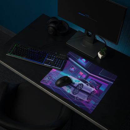 Porsche 911 Carrera Inspired White Pink Vaporwave Gaming Mouse Pad, Neon Sports Car Desk Mat with Retro Futuristic Cyberpunk Garage Artwork