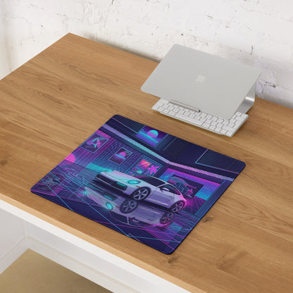 Porsche 911 Carrera Inspired White Pink Vaporwave Gaming Mouse Pad, Neon Sports Car Desk Mat with Retro Futuristic Cyberpunk Garage Artwork