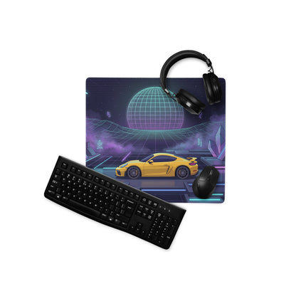 Porsche 718 Cayman GT4 Inspired Yellow Purple Vaporwave Gaming Mouse Pad, Neon Sports Car Desk Mat with Retro Futuristic Cyberpunk Landscape Artwork