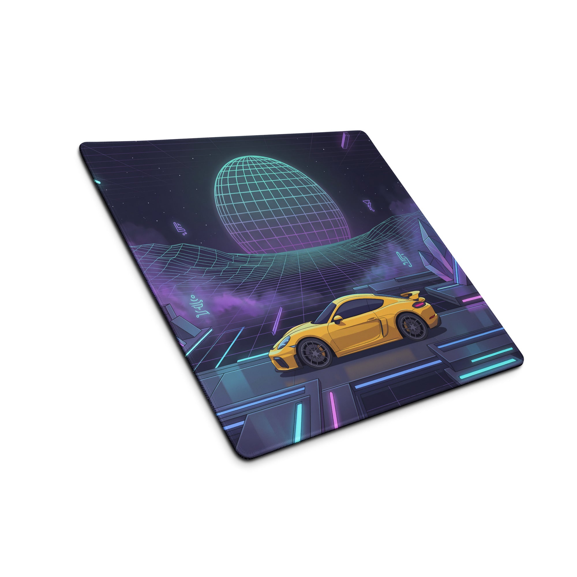 Porsche 718 Cayman GT4 Inspired Yellow Purple Vaporwave Gaming Mouse Pad, Neon Sports Car Desk Mat with Retro Futuristic Cyberpunk Landscape Artwork