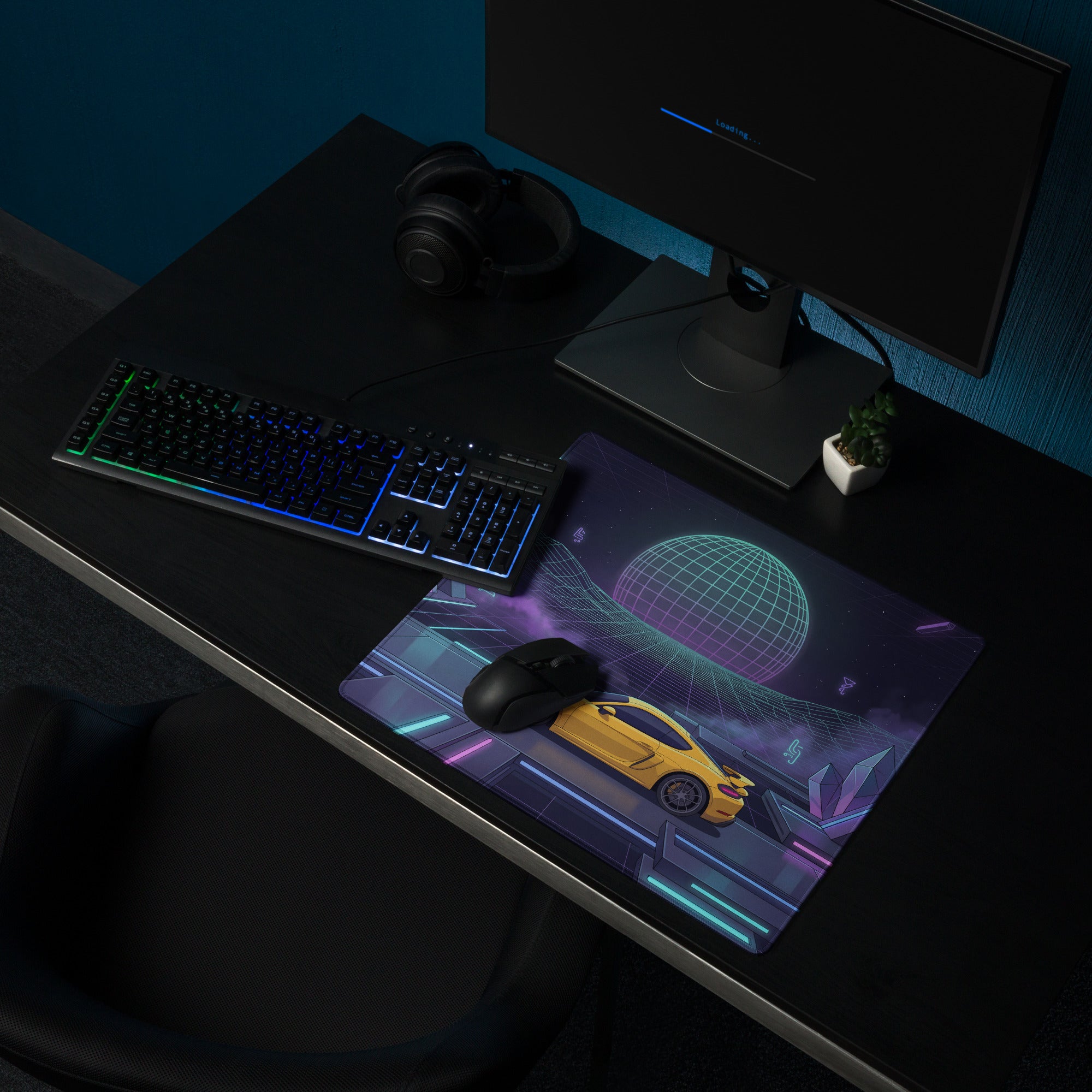 Porsche 718 Cayman GT4 Inspired Yellow Purple Vaporwave Gaming Mouse Pad, Neon Sports Car Desk Mat with Retro Futuristic Cyberpunk Landscape Artwork