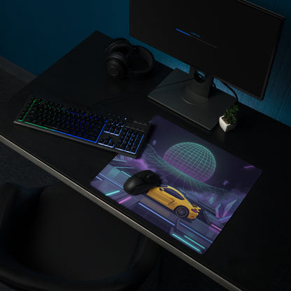 Porsche 718 Cayman GT4 Inspired Yellow Purple Vaporwave Gaming Mouse Pad, Neon Sports Car Desk Mat with Retro Futuristic Cyberpunk Landscape Artwork