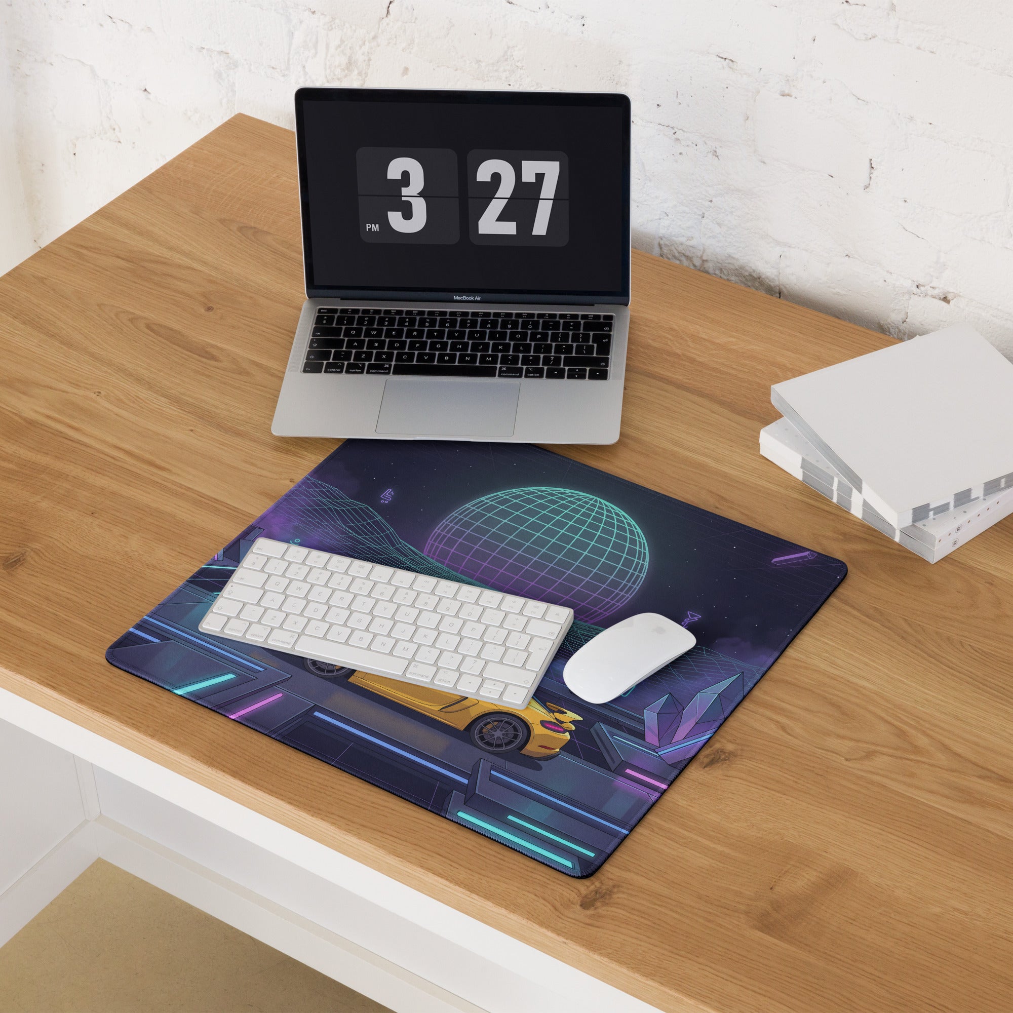 Porsche 718 Cayman GT4 Inspired Yellow Purple Vaporwave Gaming Mouse Pad, Neon Sports Car Desk Mat with Retro Futuristic Cyberpunk Landscape Artwork