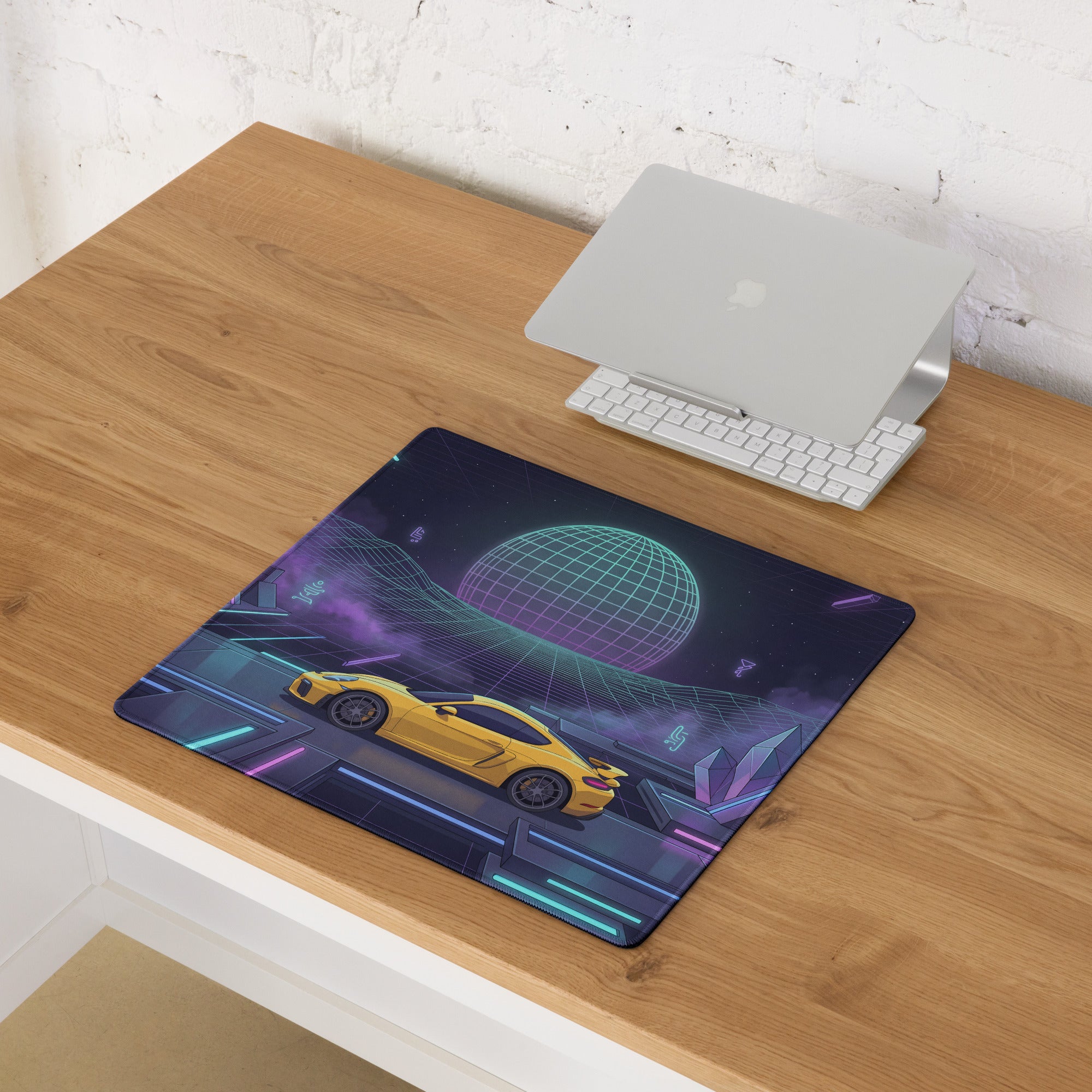 Porsche 718 Cayman GT4 Inspired Yellow Purple Vaporwave Gaming Mouse Pad, Neon Sports Car Desk Mat with Retro Futuristic Cyberpunk Landscape Artwork