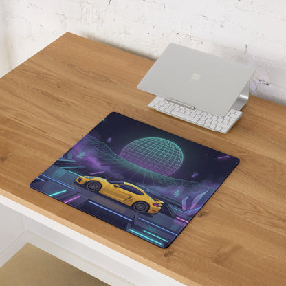 Porsche 718 Cayman GT4 Inspired Yellow Purple Vaporwave Gaming Mouse Pad, Neon Sports Car Desk Mat with Retro Futuristic Cyberpunk Landscape Artwork