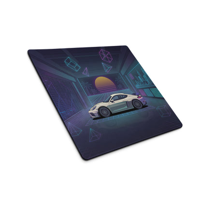 Porsche 718 Cayman GT4 Inspired White Blue Vaporwave Gaming Mouse Pad, Neon Sports Car Desk Mat with Retro Futuristic Sunset Garage Artwork