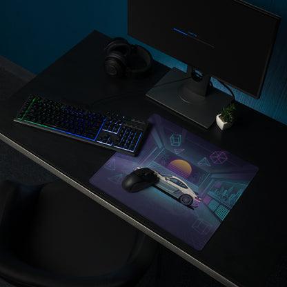 Porsche 718 Cayman GT4 Inspired White Blue Vaporwave Gaming Mouse Pad, Neon Sports Car Desk Mat with Retro Futuristic Sunset Garage Artwork